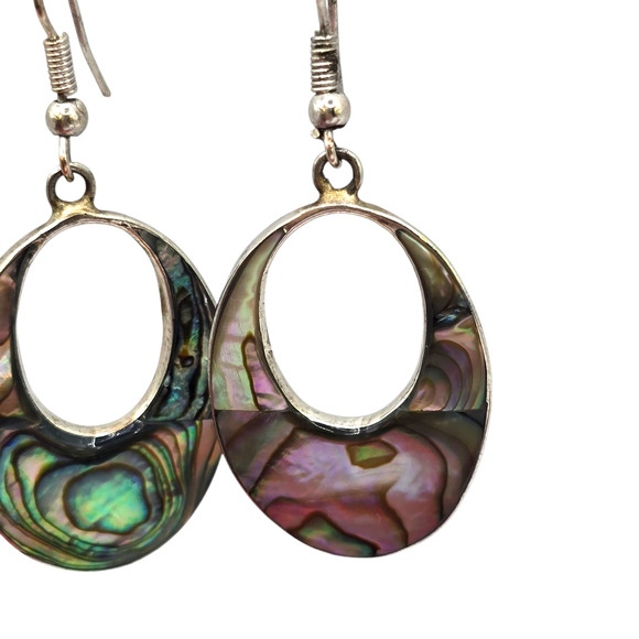 Pierced Earrings Vintage Alpaca Abalone Inlay Green Pink Dangle Hoop SKU2403 - Picture 5 of 7